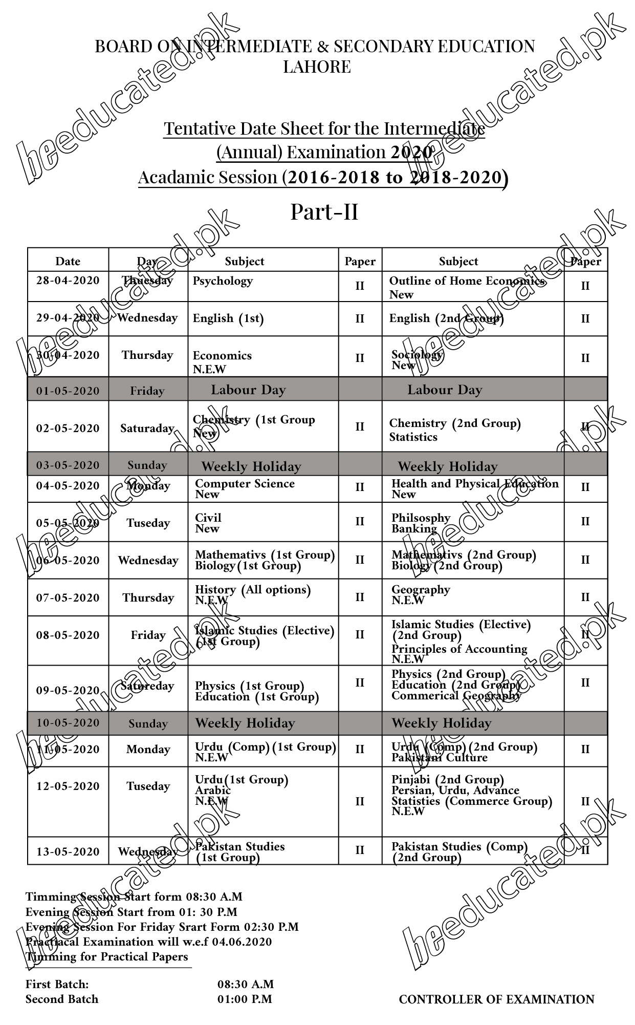 12th Class Date Sheet 2020 Lahore Board FSc ICS FA Inter Part 2